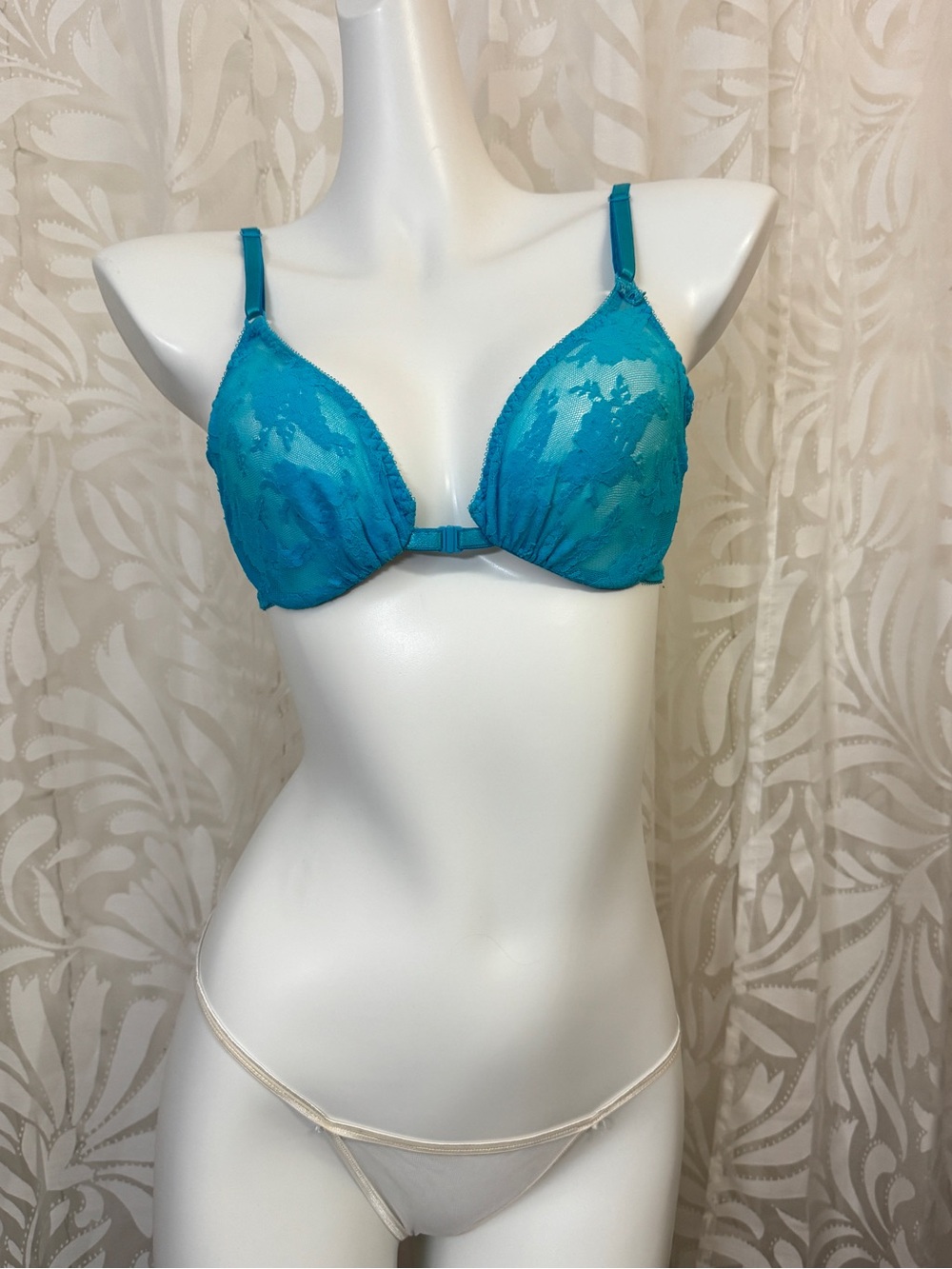 RARE Vintage DIOR Aqua Blue Front-Closure Lace Bra with Monogram Appliqué